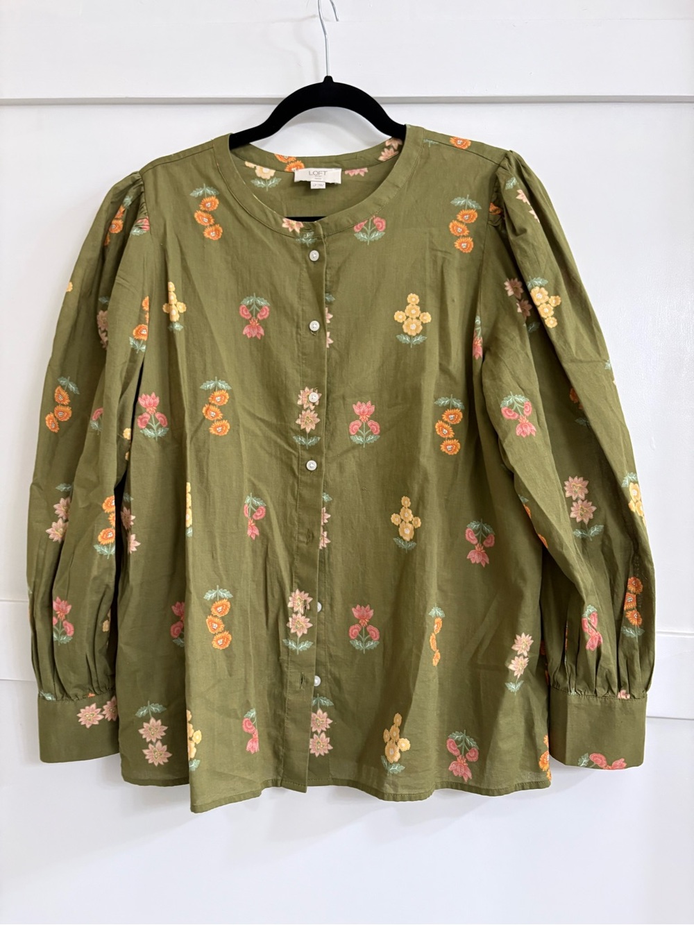 LOFT Olive Green Floral Button-Down Balloon Sleeve Blouse